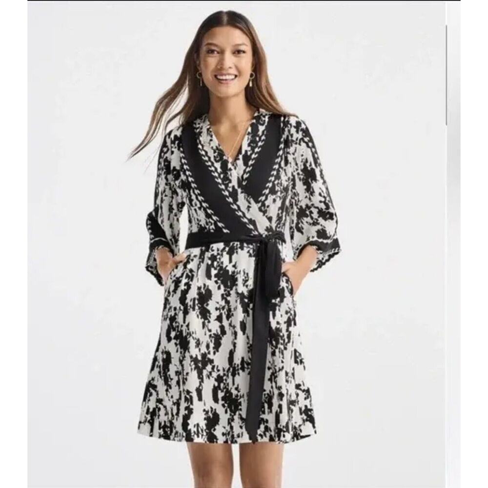 NWT Cabi Cross Front Pleated Shldr Black Floral Dress Pockets Belt Bohemian